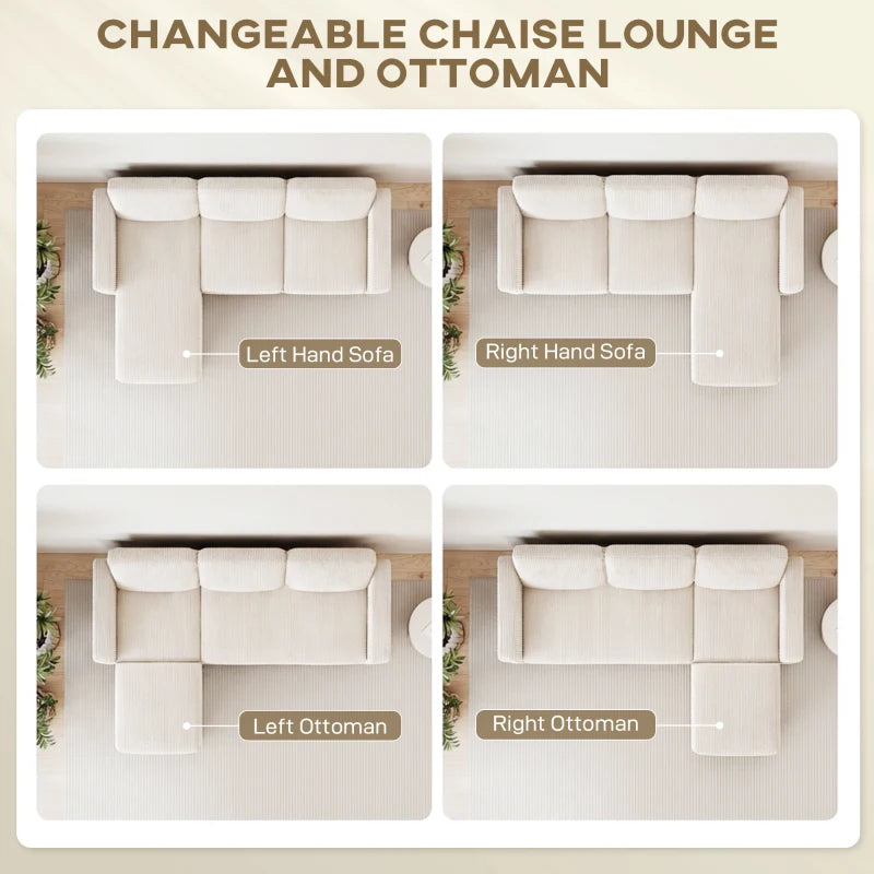Sectional Sofa, L Shaped Couch, with Changeable Chaise or Ottoman, Cream White