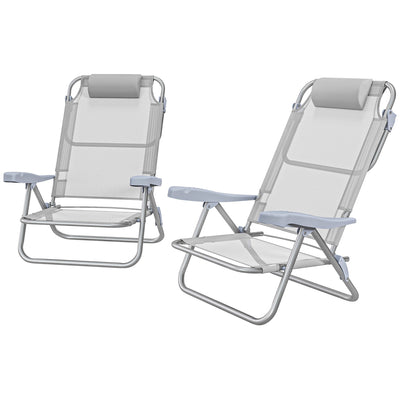 Outsunny Set of 2 Fishing Chairs, Camping Chairs with Adjustable Backrest and Headrest, Folding Chair for Outdoor, Light Grey 