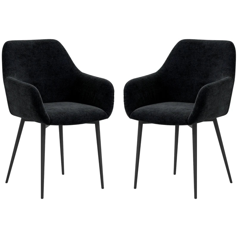 Dining Chairs Set of 2, Velvet-look Fabric Upholstered Kitchen Chairs with Backrest, Armrests and Steel Legs, Black