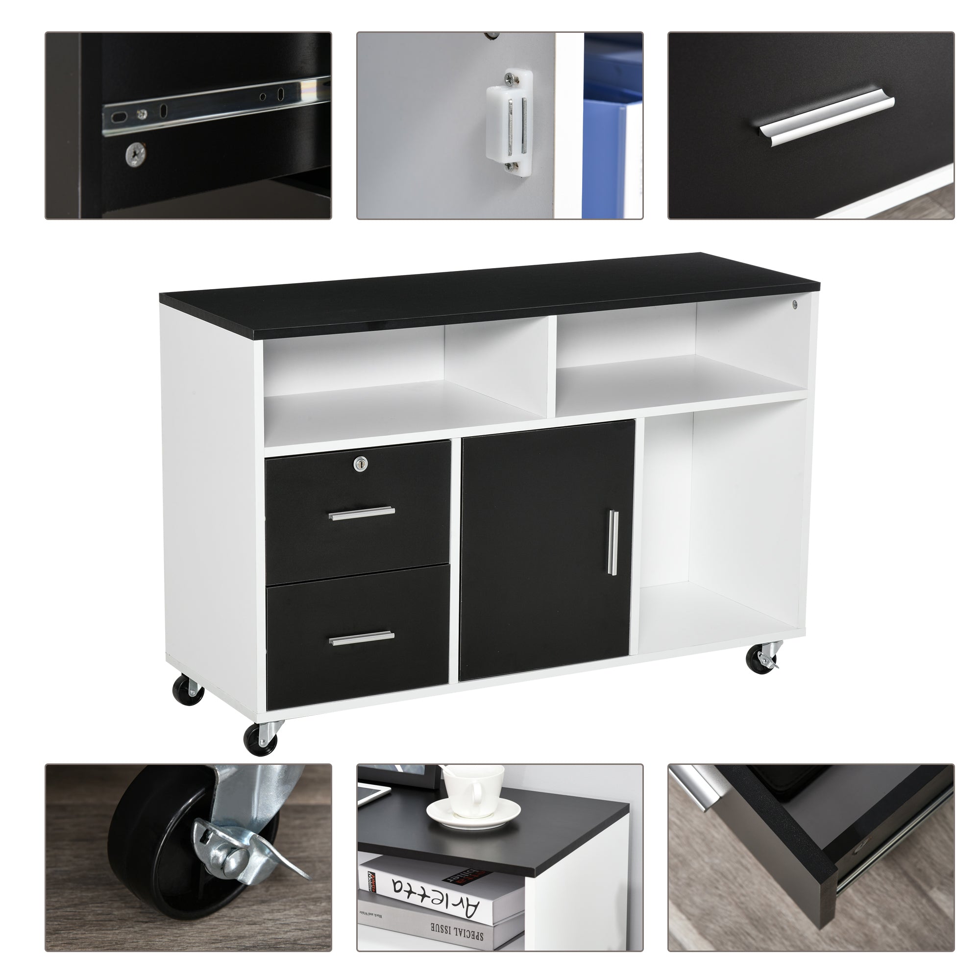 HOMCOM Mobile Lateral Filing Cabinet: Lockable Drawer Printer Stand on Wheels for Home Office, Black 
