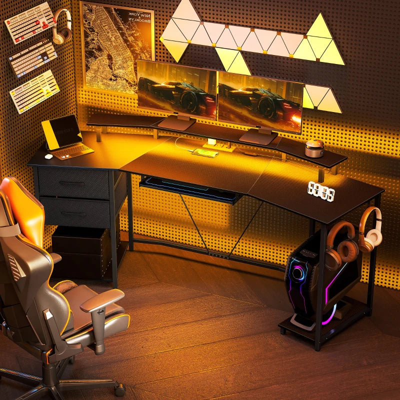 79 inch Gaming Desk with RGB Lights, Computer Table with Power Outlets & USB Ports, Keyboard Tray and 2 Drawers, Black