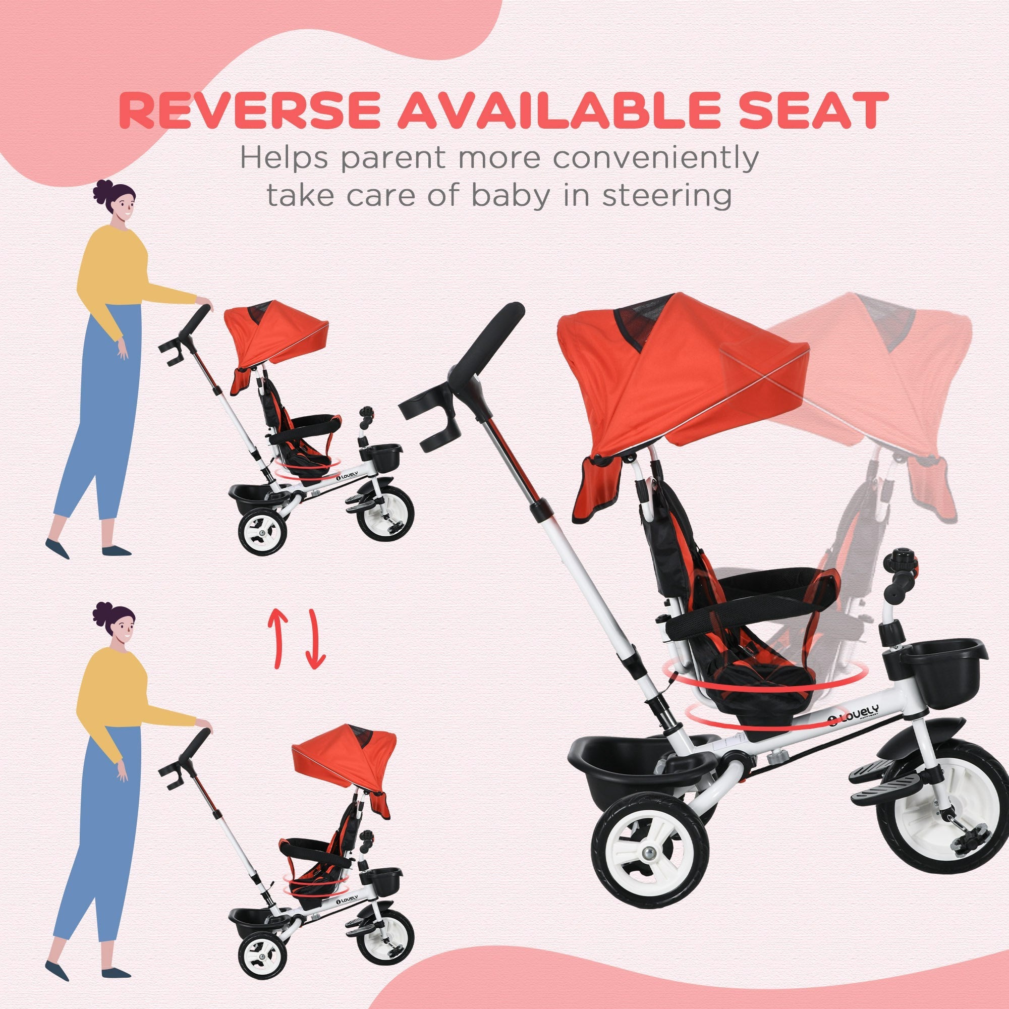 Qaba Red 6-in-1 Kids Trike with Parent Control Handle, Canopy, Storage, Cupholder - Outdoor Play Essential 