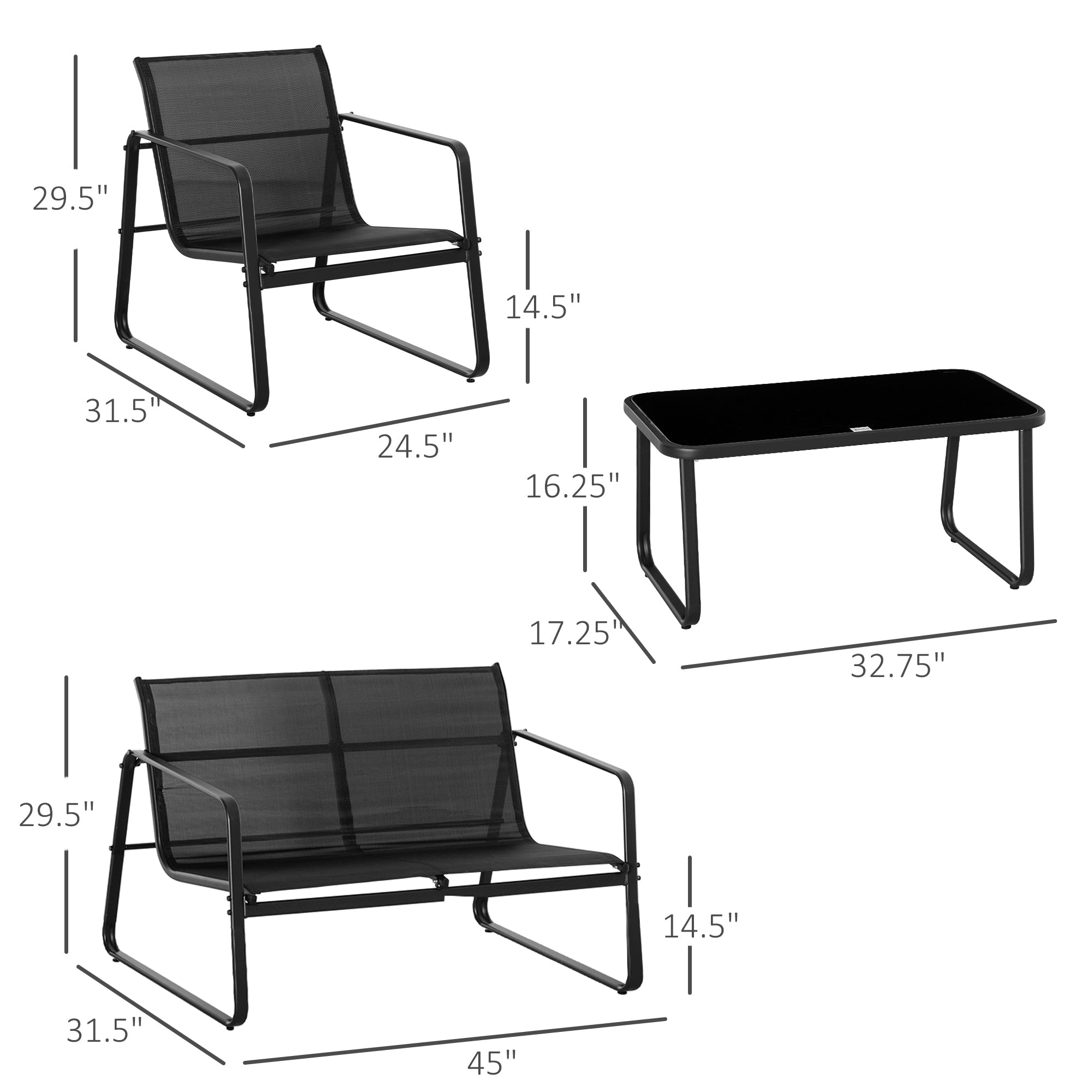 Outsunny 4 PCs Patio Furniture Set with Texteline Seat Outdoor Conversation Set with Loveseat, Center Coffee Table, Black 