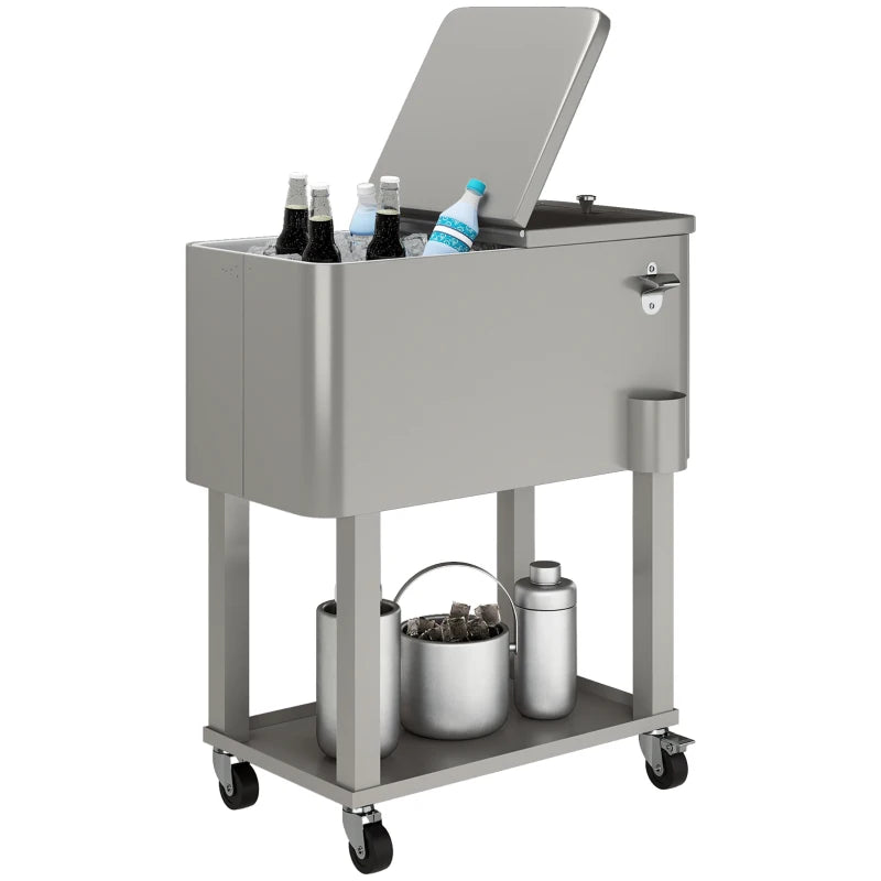 60 Quart Rolling Outdoor Cooler, Portable Rolling Patio Cooler Cart with Locking Wheels, Storage Shelf, Silver