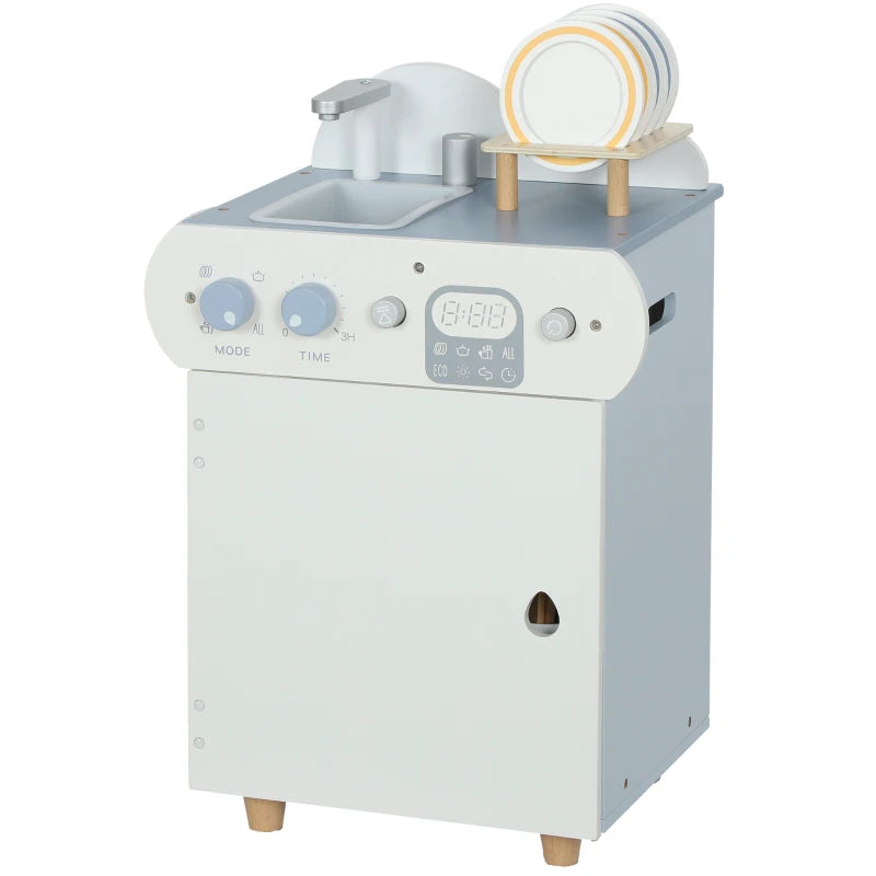 Qaba Wooden Dishwasher Playset, Play Sink Toys with Faucet, Turning Knobs and Accessories, Gift for Boys Girls Toddlers