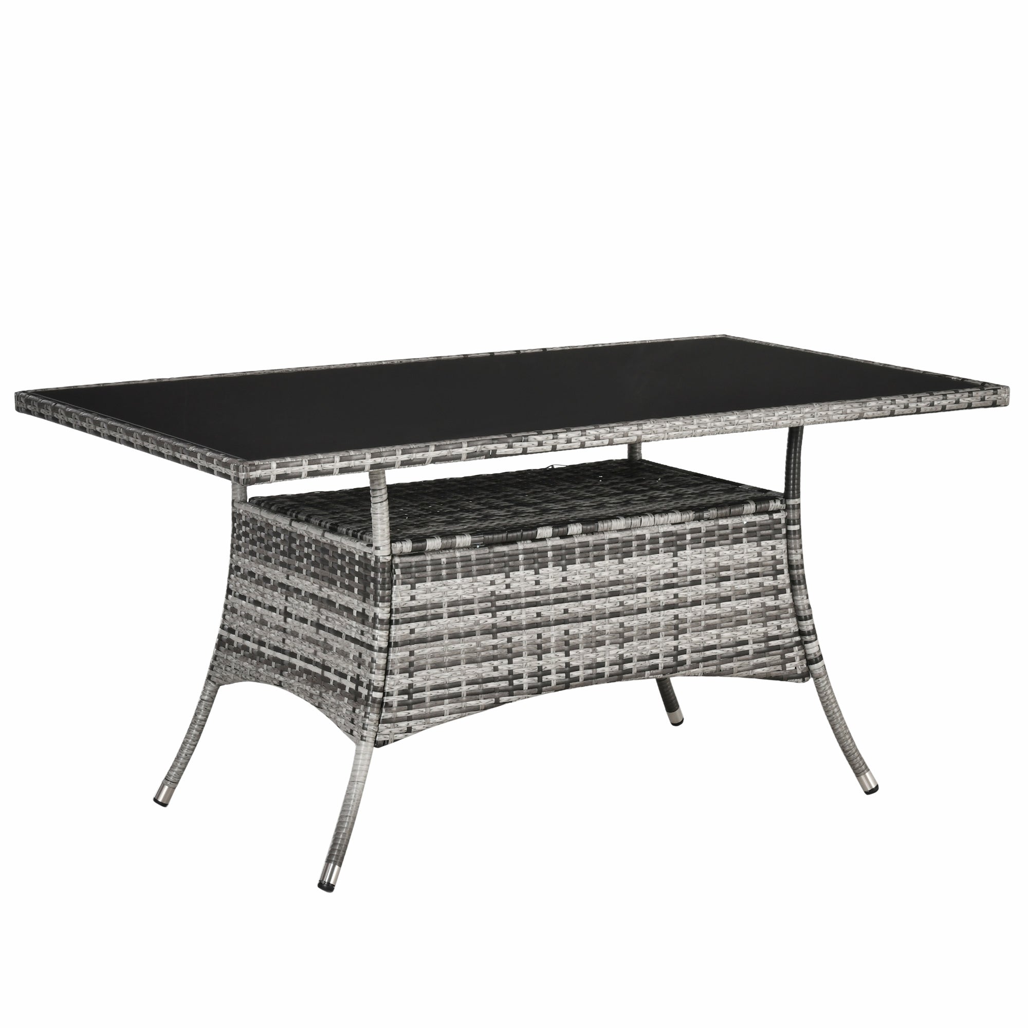 Outsunny Patio Rattan Dining Table with Glass Top Storage Shelf Yard Furniture 59"x34"x29" Grey 