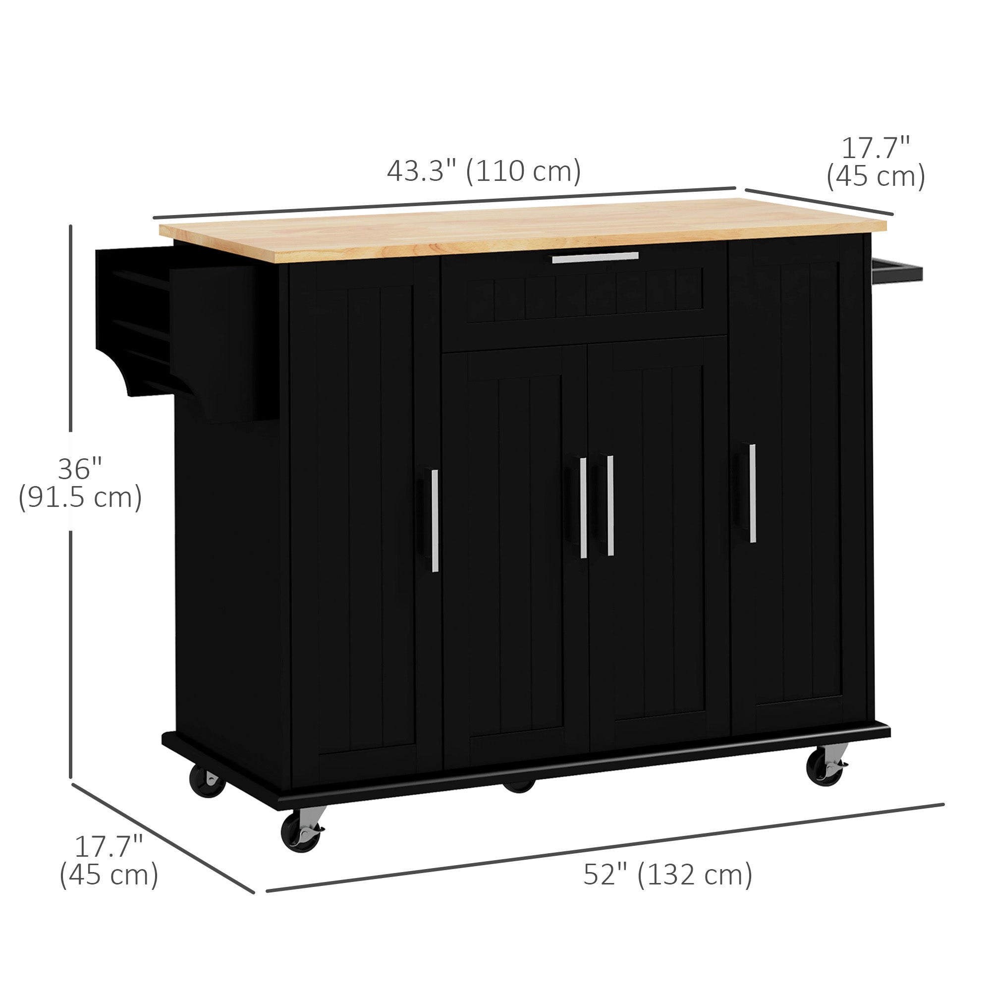 HOMCOM Modern Rolling Kitchen Island Cart with Drawers, Natural Wood Top, Towel Rack, Door Storage Cabinet, Black 