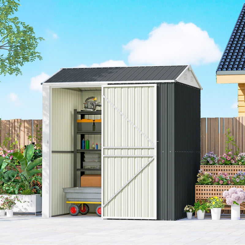7' x 6' Tall Outdoor Storage Shed, Waterproof Metal Garden Shed with Gloves, Lockable Door, Dark Grey