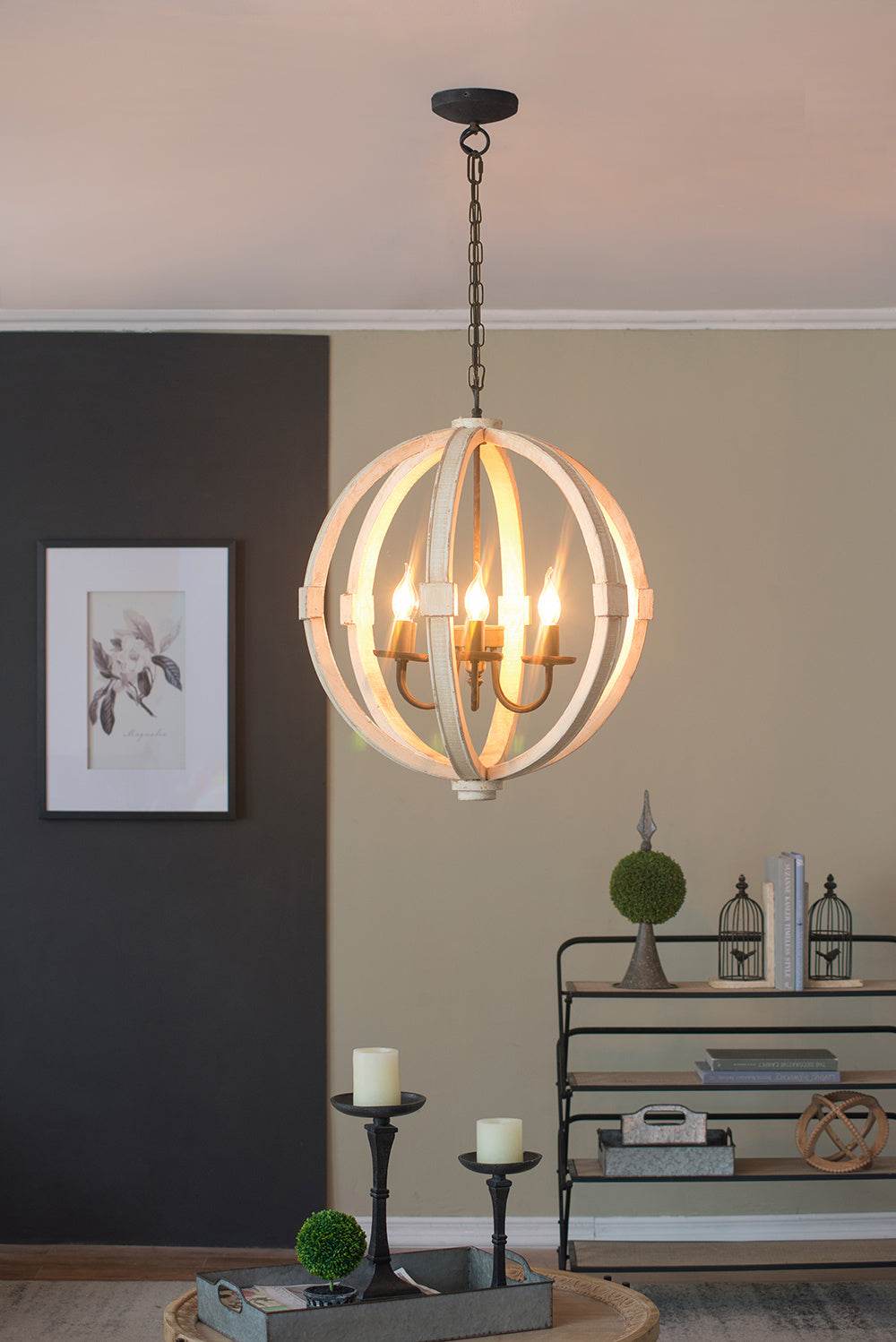 6 - Light Wood Chandelier With Adjustable Chain For Kitchen, Dining Hall Entrance, Bulb Not Included 