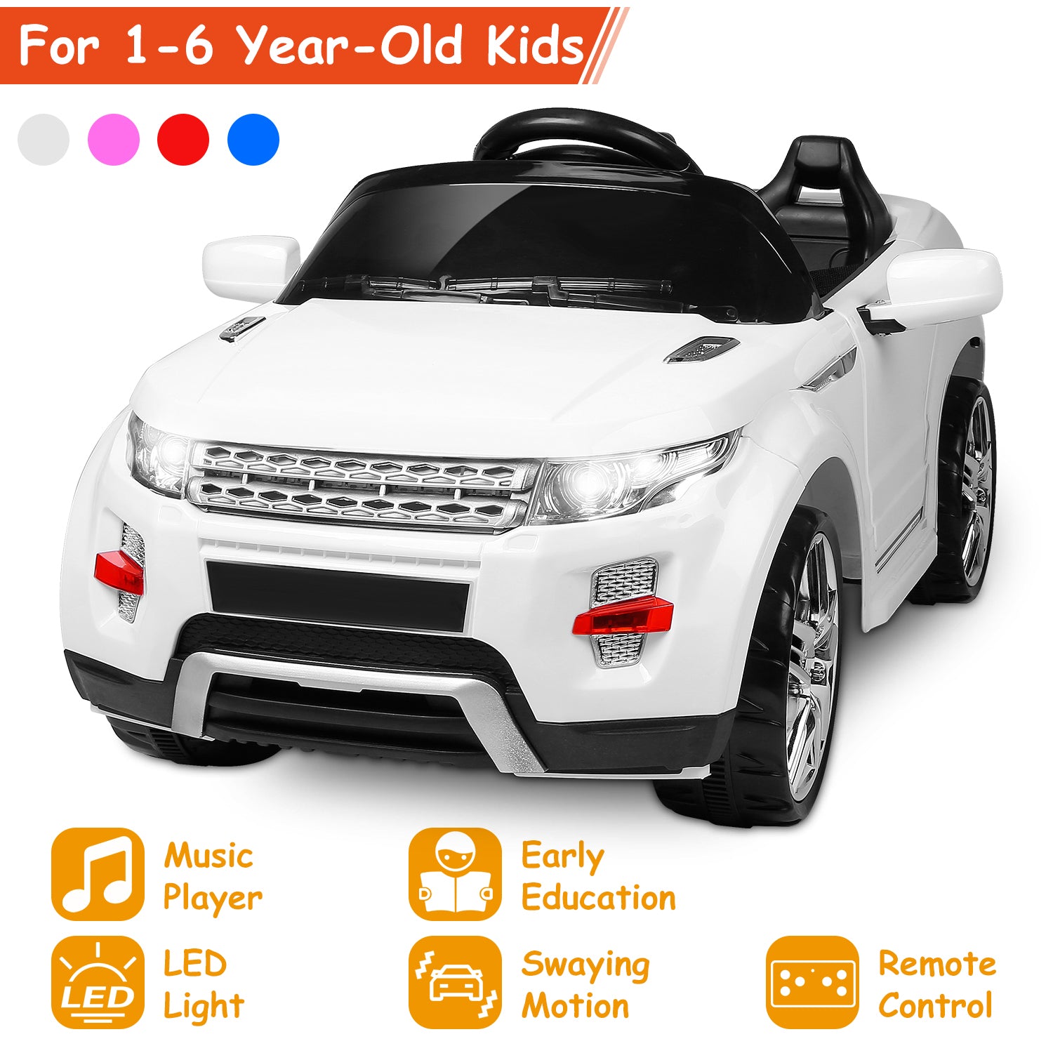 Electric Kids Ride-On Car SUV w/ Parental Remote Control Music Horn LED Lights Swaying Early Education Function Kid Aged 1-6 Years Old