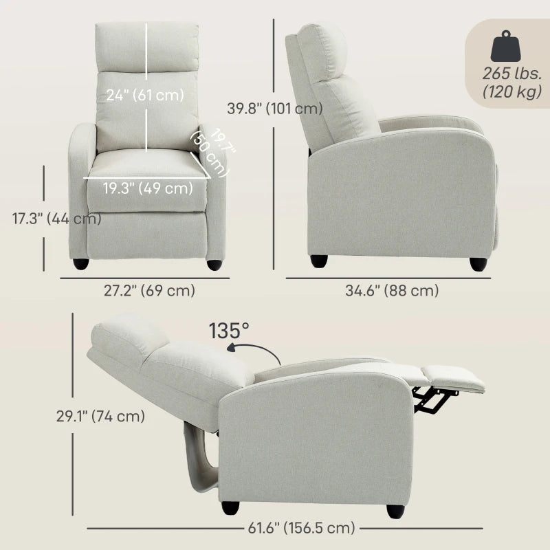 Fabric Recliner Chair Manual Home Theater Seating Single Reclining Sofa Chair with Padded Seat, Cream White