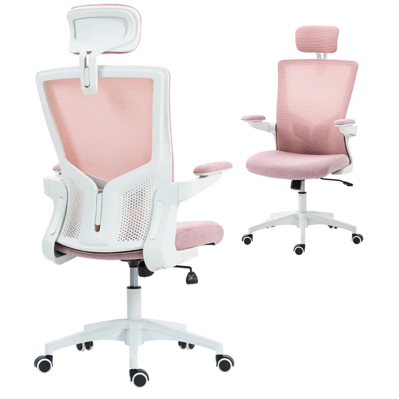 Ergonomic Office Chair, Swivel Desk Chair with Adjustable Lumbar Support, Headrest and Height, Flip-up Armrests, Pink