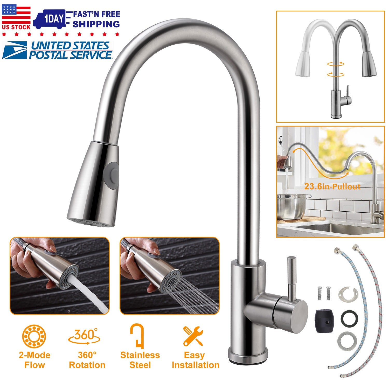 Kitchen Faucets Single Handle Kitchen Sink Faucet Brushed Nickel Stainless Steel Pulldown Head Faucet w/Flexible Pullout Sprayer