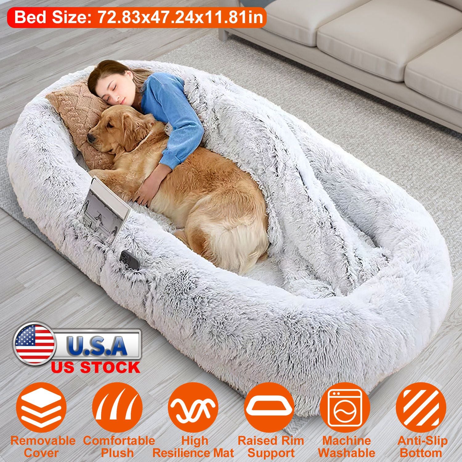 Human Size Dog Bed with Pillow Blanket 72.83x47.24x11.81in Bean Bag Bed Washable Removable Flurry Plush Cover Large Napping Human-Sized Bed For Adults