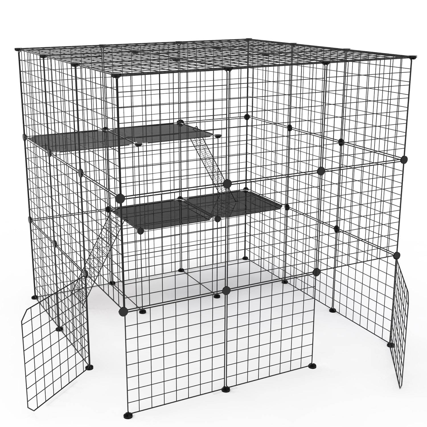 3 Tier Large Cat Cage Enclosure Indoor Cat Playpen Iron Construction Cat House Detachable Cat Crate With 2 Ladders Doors For 1-4 Cats 41.73”L x 41.73”