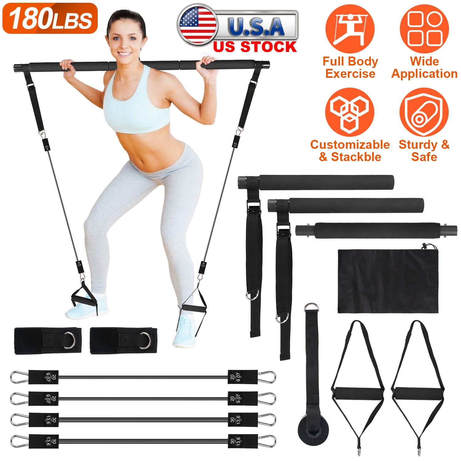 Pilates Bar Kit with 100LBS Resistance Bands Multifunctional Pilates Yoga Toning Bar Full Body Exercise Equipment Set for Beginners Intermediates Prof 