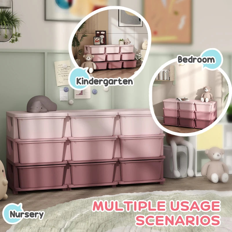 Qaba 3 Tier Kids Toy Organizer and Storage Bins with 9 Plastic Drawers, Pink