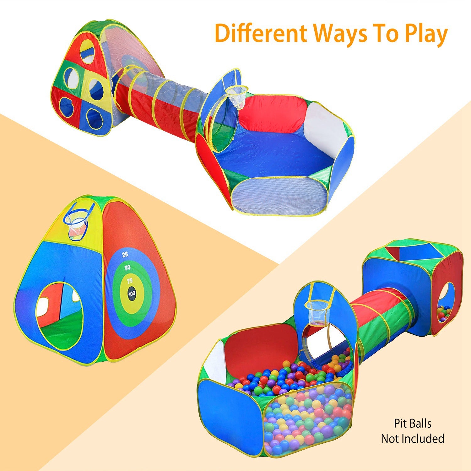 5Pcs Kids Ball Pit Tents Pop Up Playhouse w/ 2 Crawl Tunnel & 2 Tent For Boys Girls Toddlers Preschool Children Indoor Outdoor