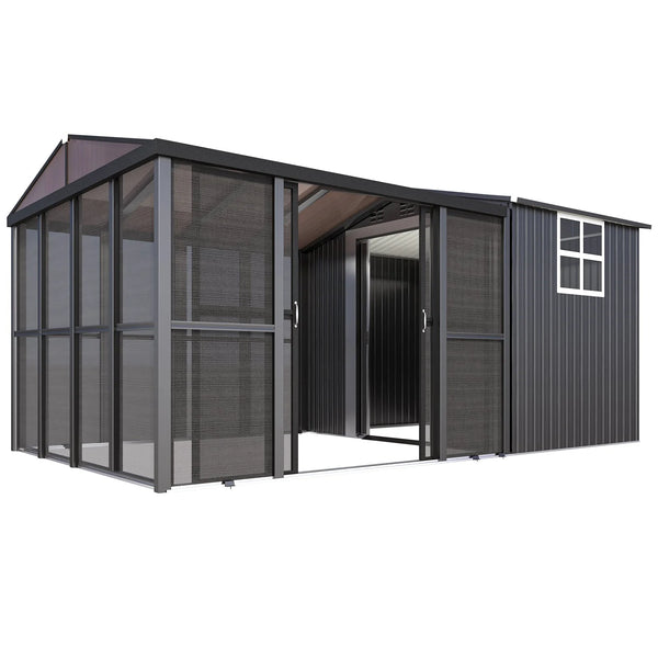 2-in-1 Outdoor Sunroom & Storage Shed – 10×10 FT Patio Shelter with 6×10 FT Shed, Windows & Polycarbonate Roof
