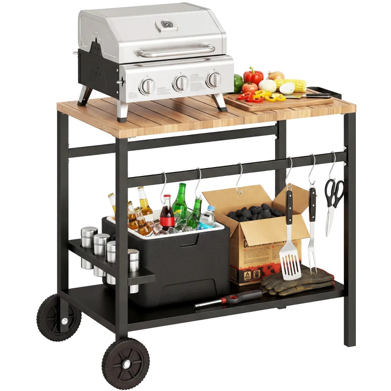 Outdoor Grill Cart, 2-Tier Pizza Oven Stand, BBQ Stand with Beverage Holder, Hooks, Wheels, Black and Brown