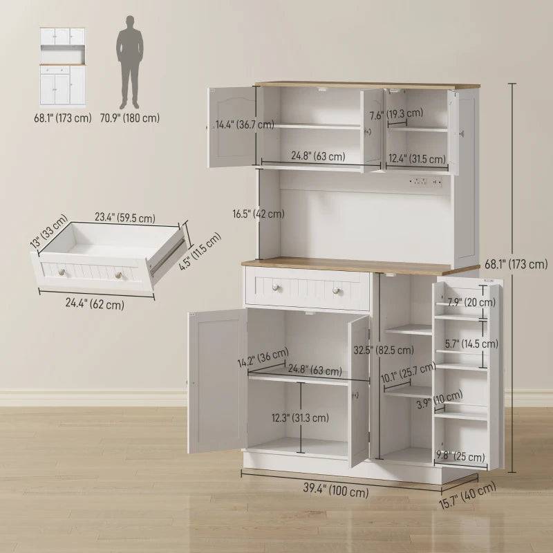 68" Pantry Cabinet with Charging Station, Kitchen Storage Cabinet with Microwave Stand, 4 Door Racks, White