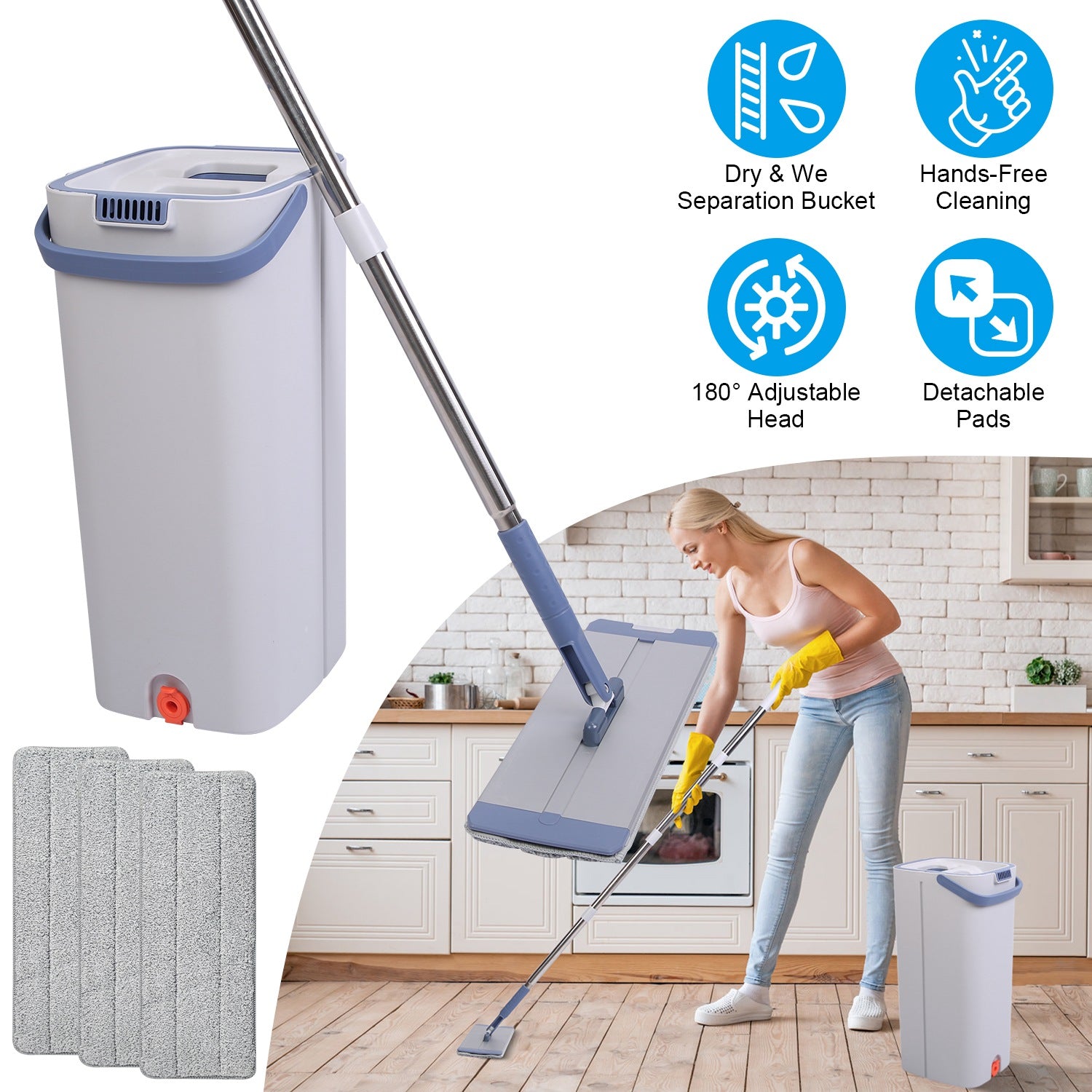 Mop Bucket with Wringer Set Flat Floor Mop Clean and Dry Separate Bucket 3 Replaceable Pads Hands Free Home Floor Cleaning Mop Reusable Washable Mop P