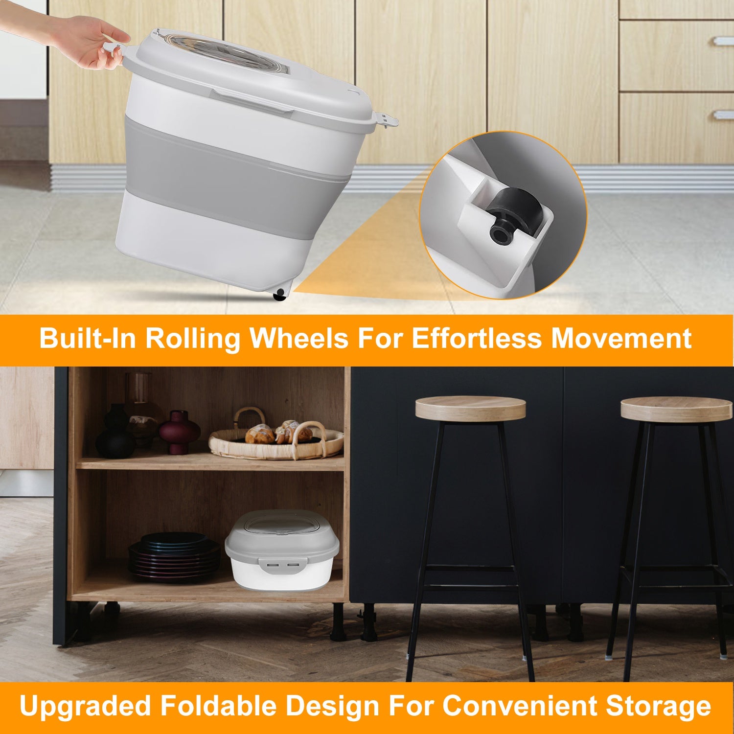 16.5 to 55LBS Collapsible Food Storage Container With Rolling Wheels Airtight Clear Lid Desiccant Slot Rice Dog Cat Food Foldable Dispenser With Scoop