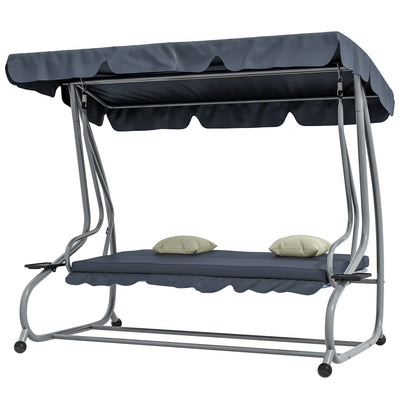Outsunny Patio Swing Chair 3-Seat Outdoor with Convertible Flat Bed Adjustable Canopy Cushions Cup Holder Dark Grey 