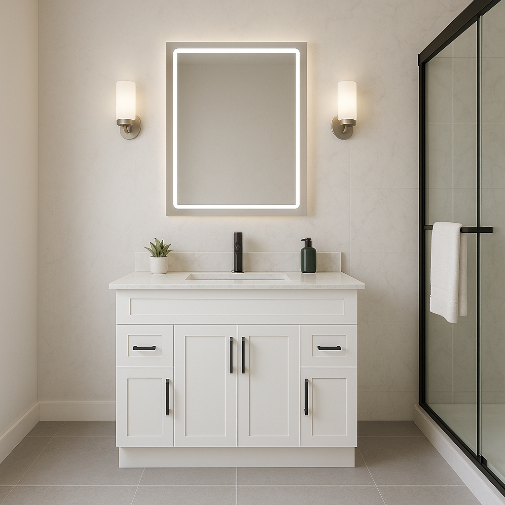 48-Inch Shaker Bathroom Vanity — White or Gray | Plywood Cabinet, Solid-Wood Doors, Soft-Close 3-Way Clip-On Hinges 