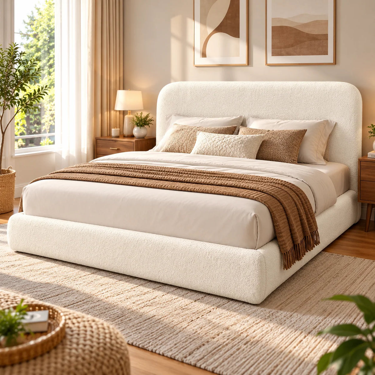 Upholstered Bouclé Platform Bed Frame with Curved Padded Headboard – Beige
