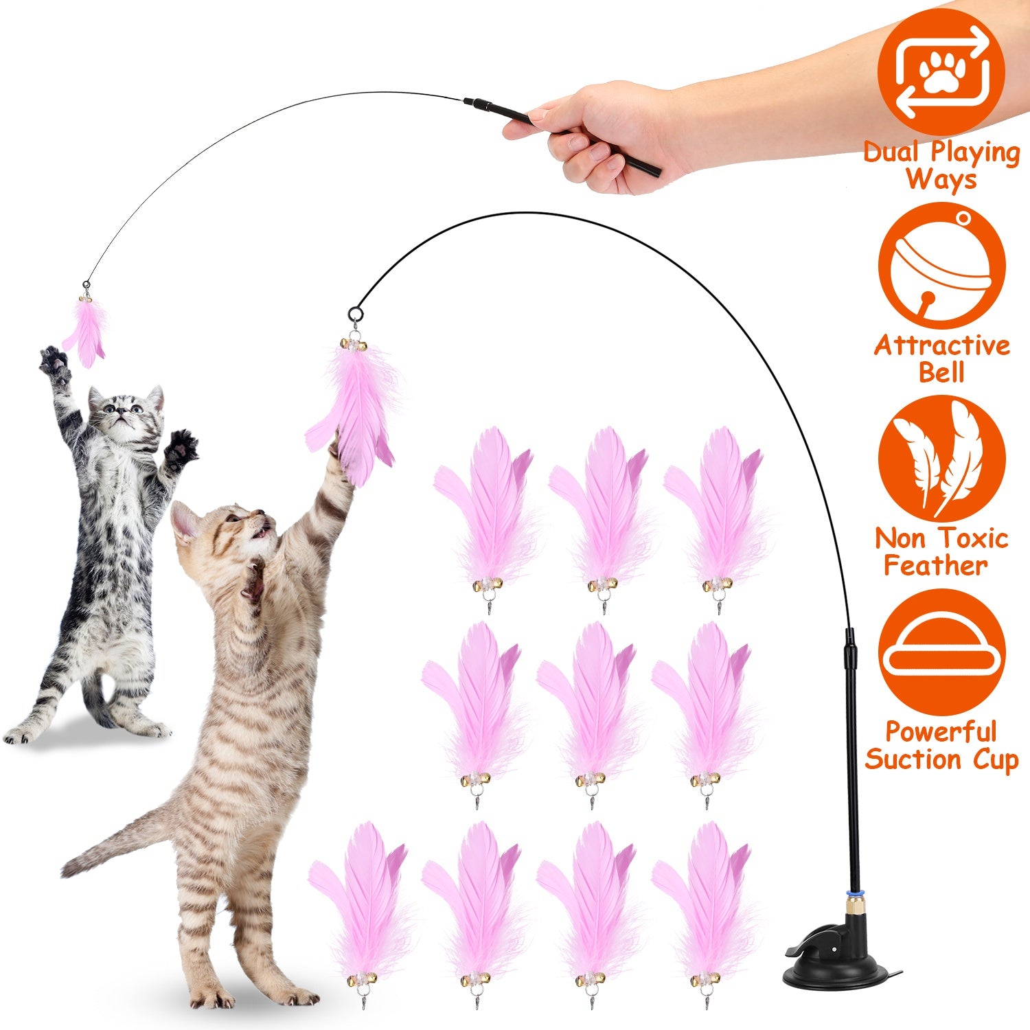 Cat Feather Toys Wand Rod Interactive Cat Spring Bell Play Toys with 12Pcs Feather Replacements Suction Cup Base for Cats Kitten