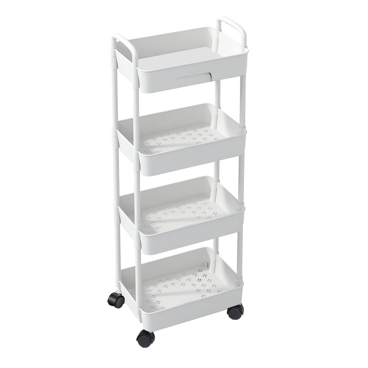 4 Tier Rolling Utility Cart Movable Storage Organizer with Drawer Lockable Wheels 360 Degree Rotatable Hallow Design for Bedroom Bathroom Kitchen 