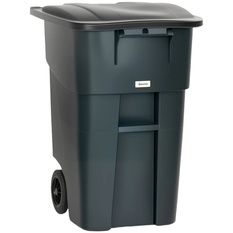 Outdoor Garbage Bin with Lid and Wheels, 53 Gallon Large Trash Can Garbage Can with Handle for Patio, Yard, Dark Grey