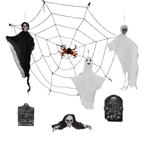 Outdoor Halloween Decorations 8-Piece Set, Hanging Ghosts Decor And Cobweb And Gravestone With Lighted Up Eyes, Scary Swinging Ghost Flying For Yard Patio Lawn Garden 