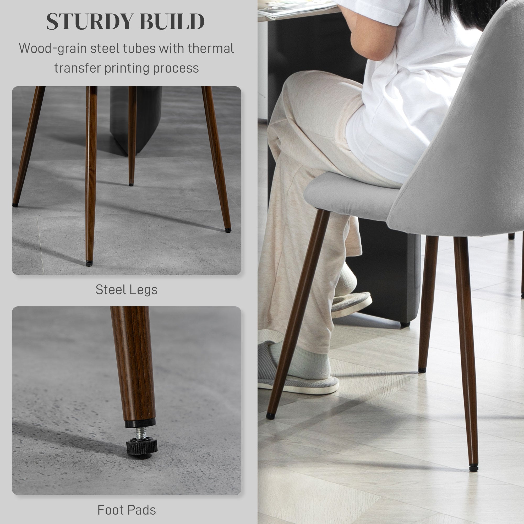 HOMCOM Upholstered Dining Chairs Set of 6, Velvet Accent Chair with Back and Wood-grain Steel Leg for Kitchen, Grey 
