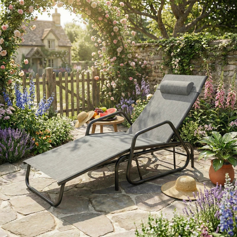 Outdoor Glider Lounge Chair, 3-Position Adjustable Tanning Chair Recliner with Headrest for Garden, Yard, Pool, Grey
