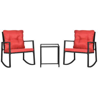 Outsunny 3 Pieces Rocking Bistro Set, Outdoor Wicker Patio Furniture with Glass Coffee Table and Outside Rocking Chairs for Porch 