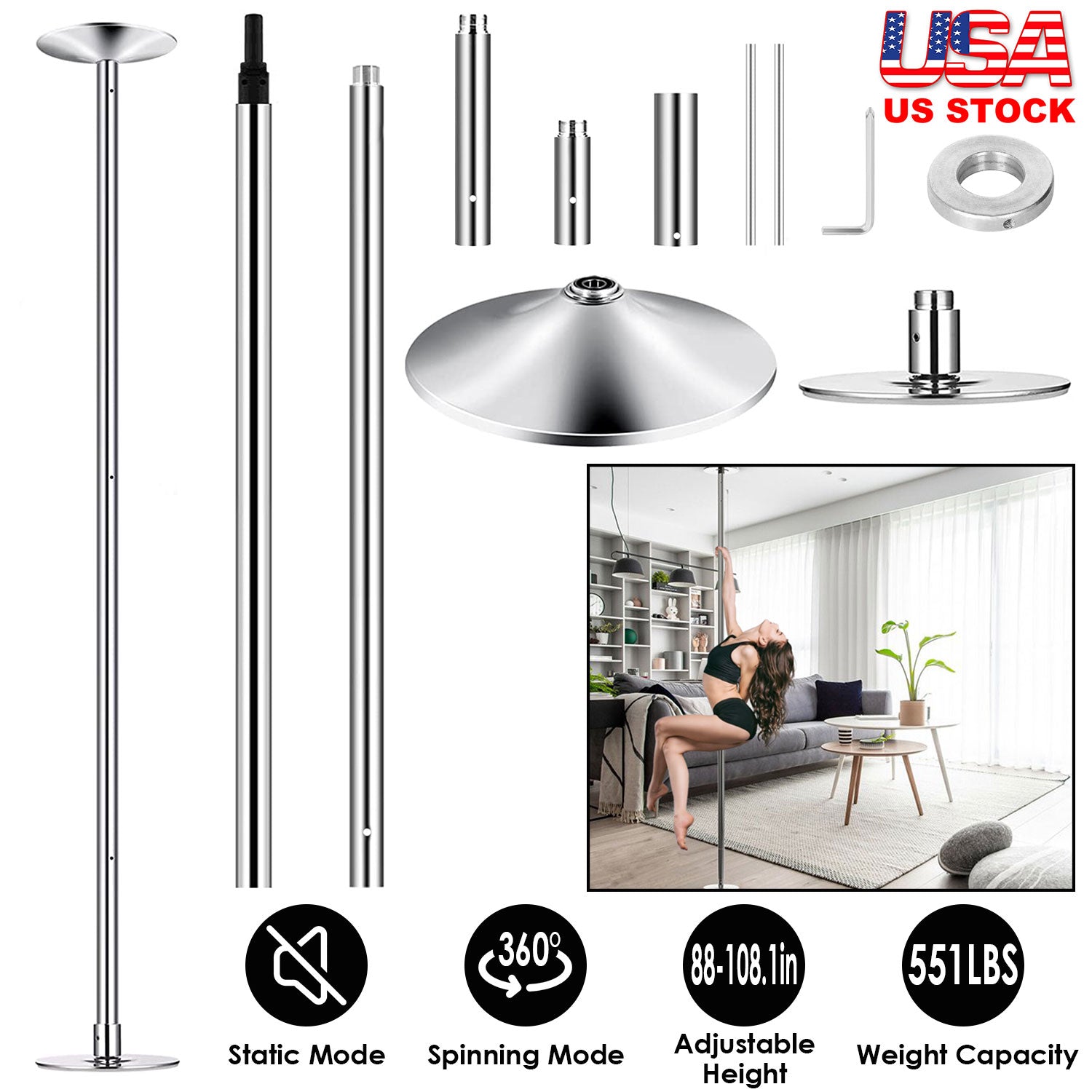 Stripper Dance Pole 45mm Spinning Static Dancing Pole with 88-108.1in Adjustable Height 551LBS Weight Capacity for Fitness Exercise Party Home Club Gy 