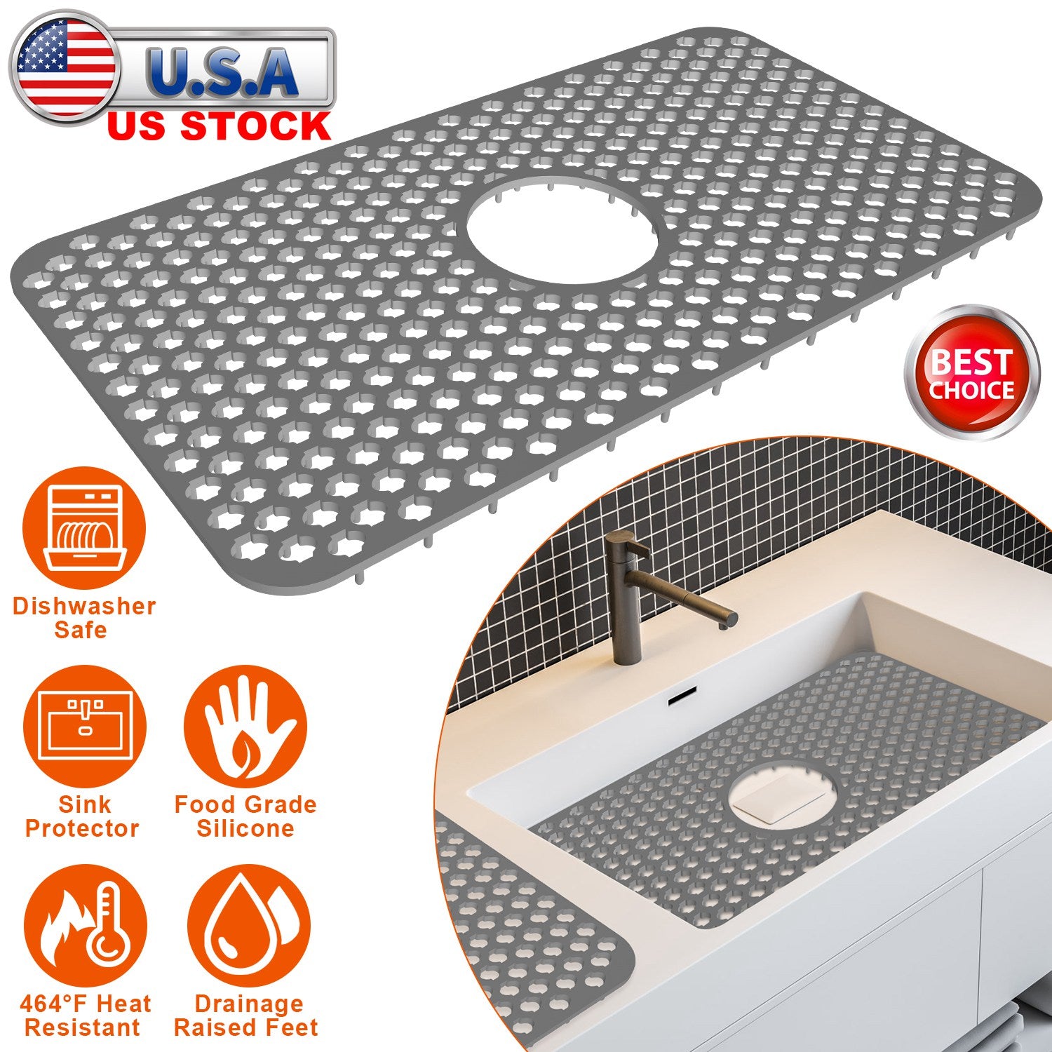 Silicone Grid Sink Mat with Central Drain Hole 12.87x24.68Inch Non-Slip Kitchen Stainless Steel Sink Protector Dishwasher Safe