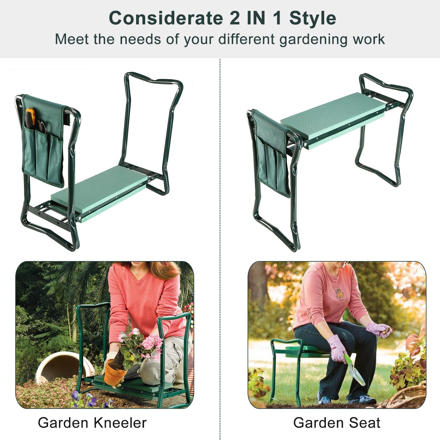 Foldable Garden Kneeler Seat w/ Kneeling Soft Cushion Pad Tools Pouch Portable Gardener Kneeling Bench Stool