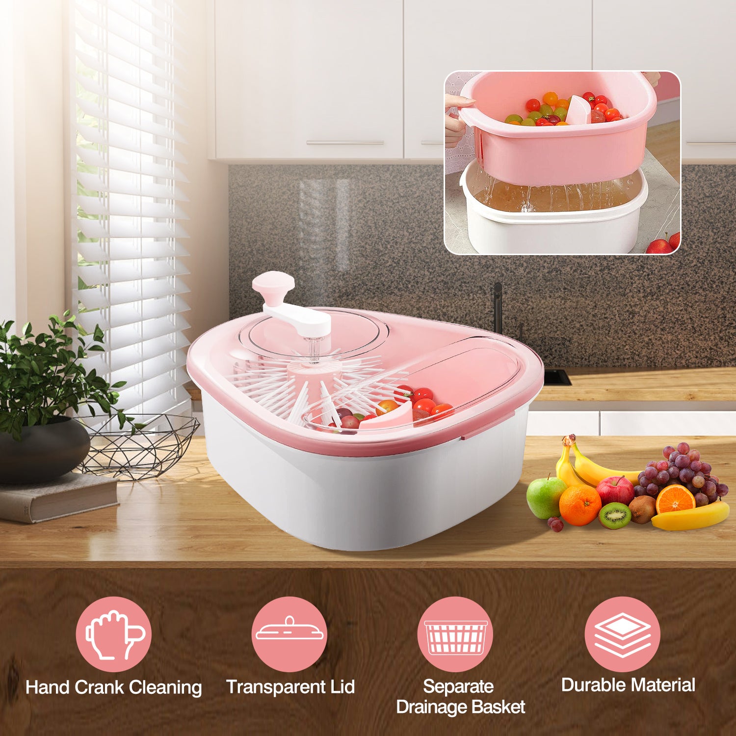 Fruit Vegetable Cleaning Device Salad Manual Washing Spinner with Brush Hand Crank Fruit Washing Machine with Bowl Kitchen Gadget