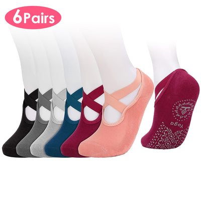 6 Packs Women Yoga Socks with Straps Non-Slip Grips for Pilates Pure Hospital Walking Dance Indoor 