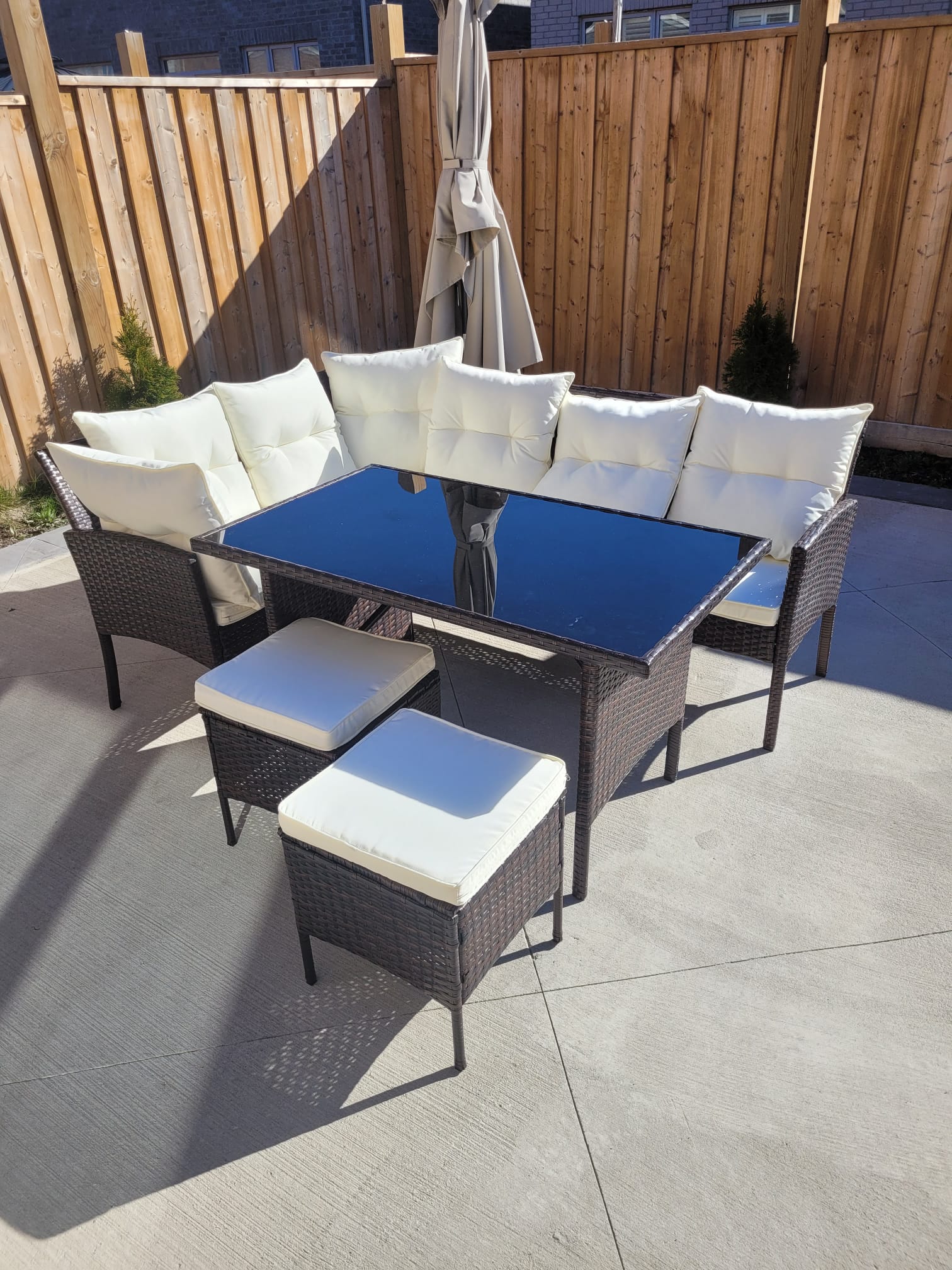 Garden Outdoor 7 pc Lounger Set Dark Brown Wicker with Beige Cushion 