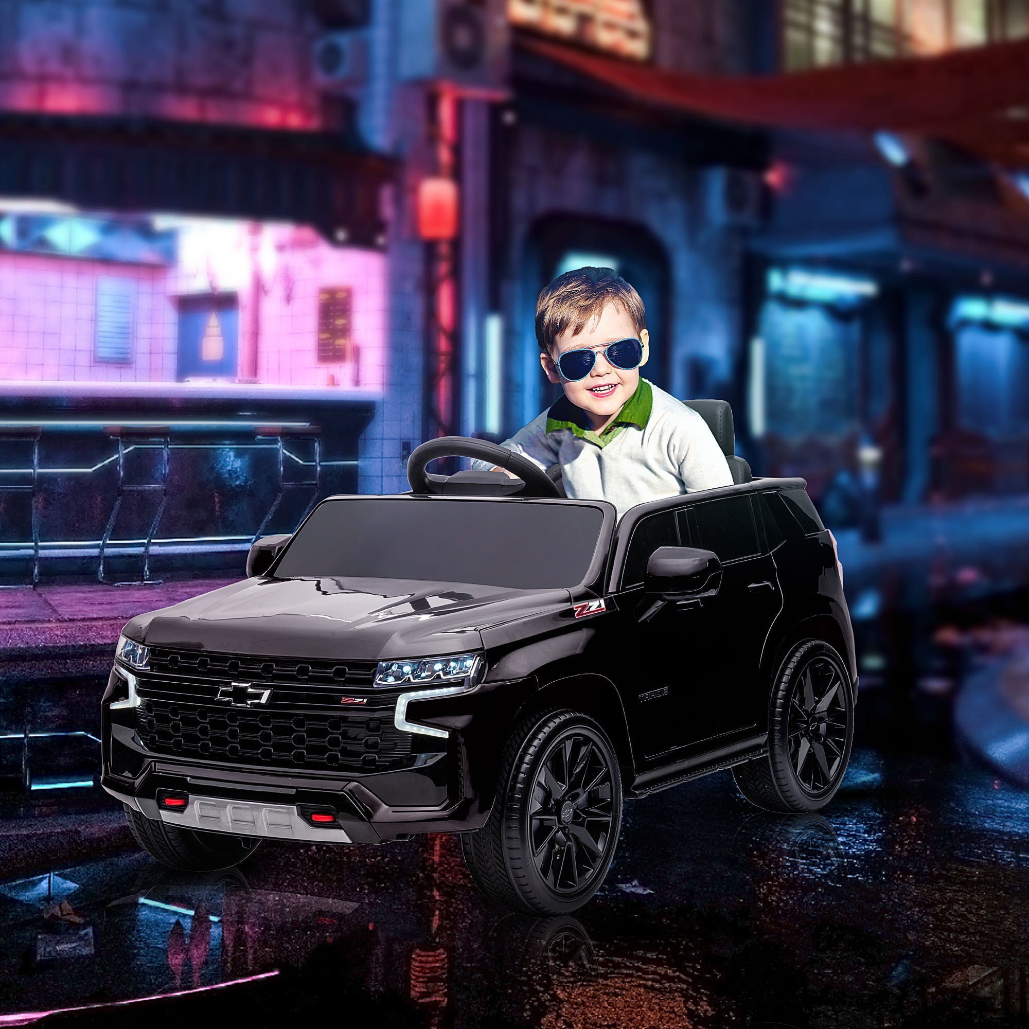 Aosom 12V Ride on Car Licensed Chevrolet TAHOE with Remote Control, 3 Speed, LED Light, Horn, Music, for 3–6 Years Old, Black 