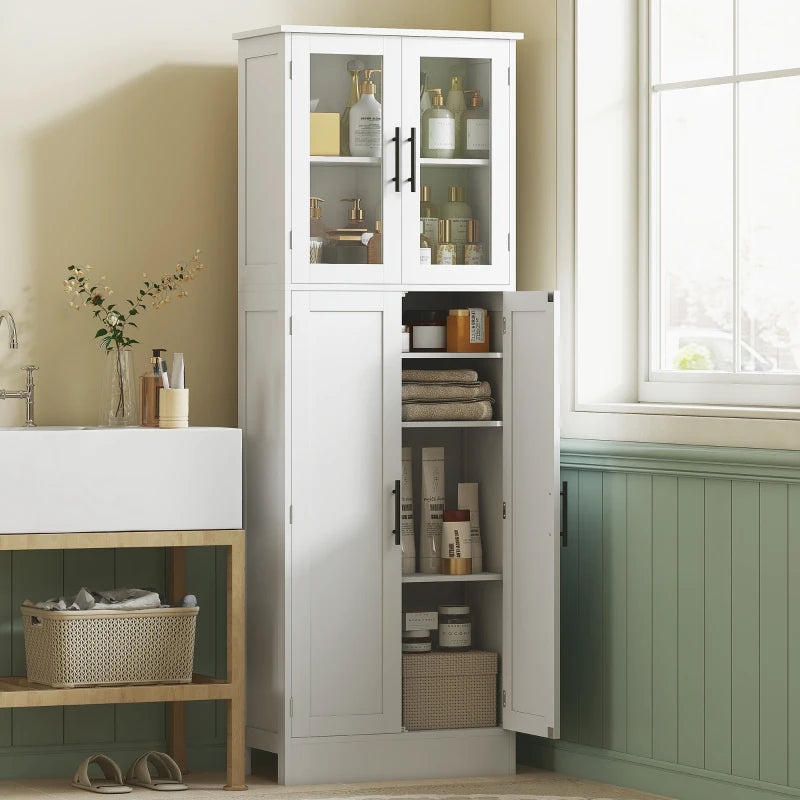 Tall Bathroom Cabinet with Glass Doors, Space-Saving Unit with Adjustable Shelves, Freestanding Storage, White