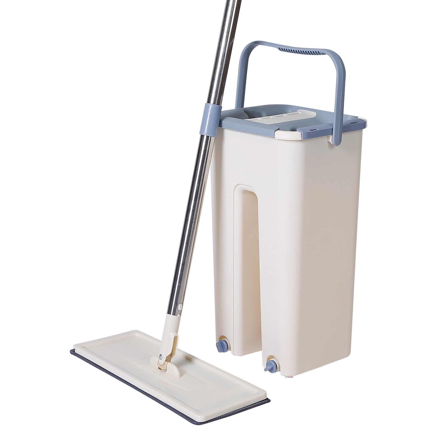 Flat Floor Mop Bucket Set Self Cleaning Wet Dry Usage with 2Pcs Reusable Microfiber Mop Pads