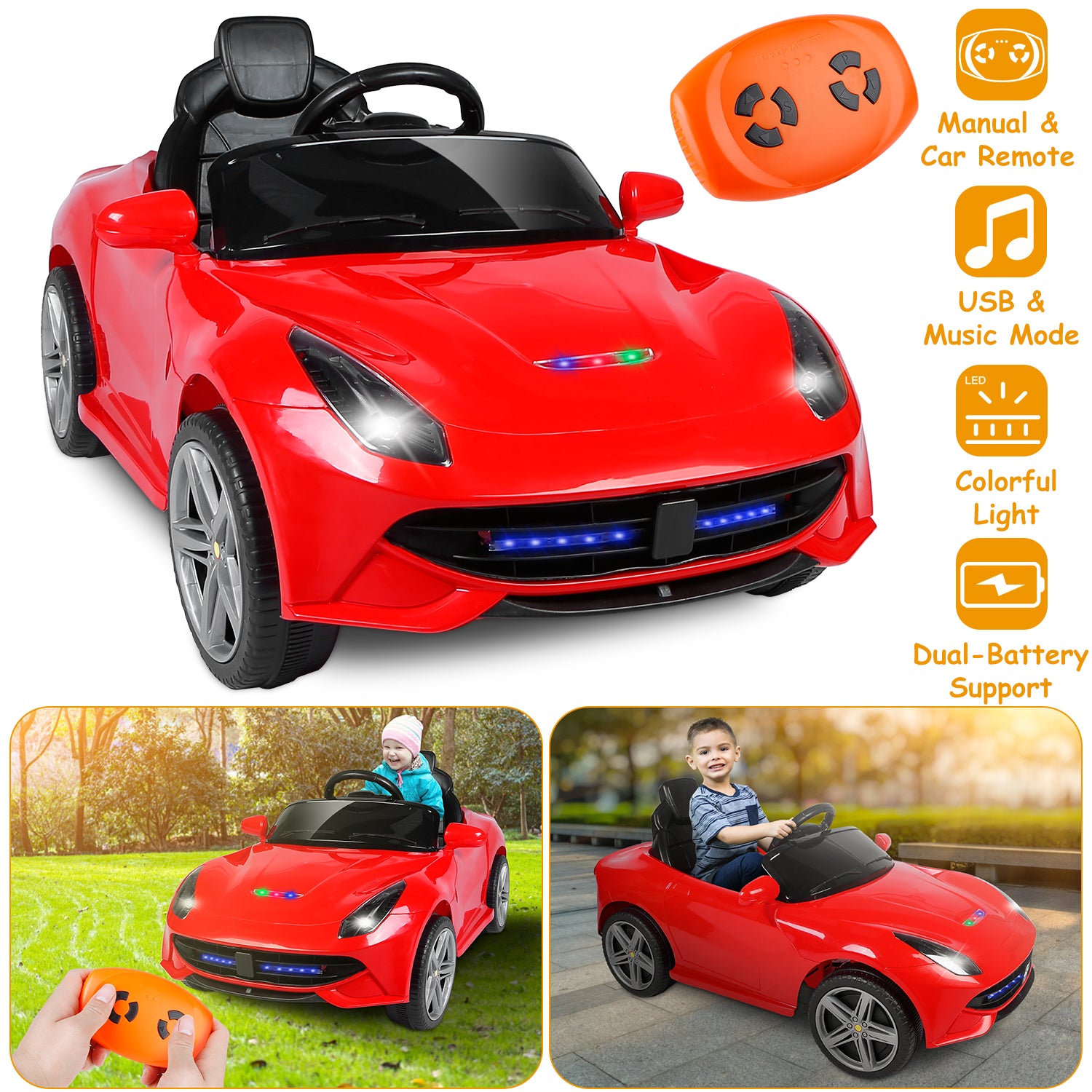 Kids Electric Ride On Car with Parental Remote Control Early Education Music Car Lights Connection Sound Button 3 Speeds