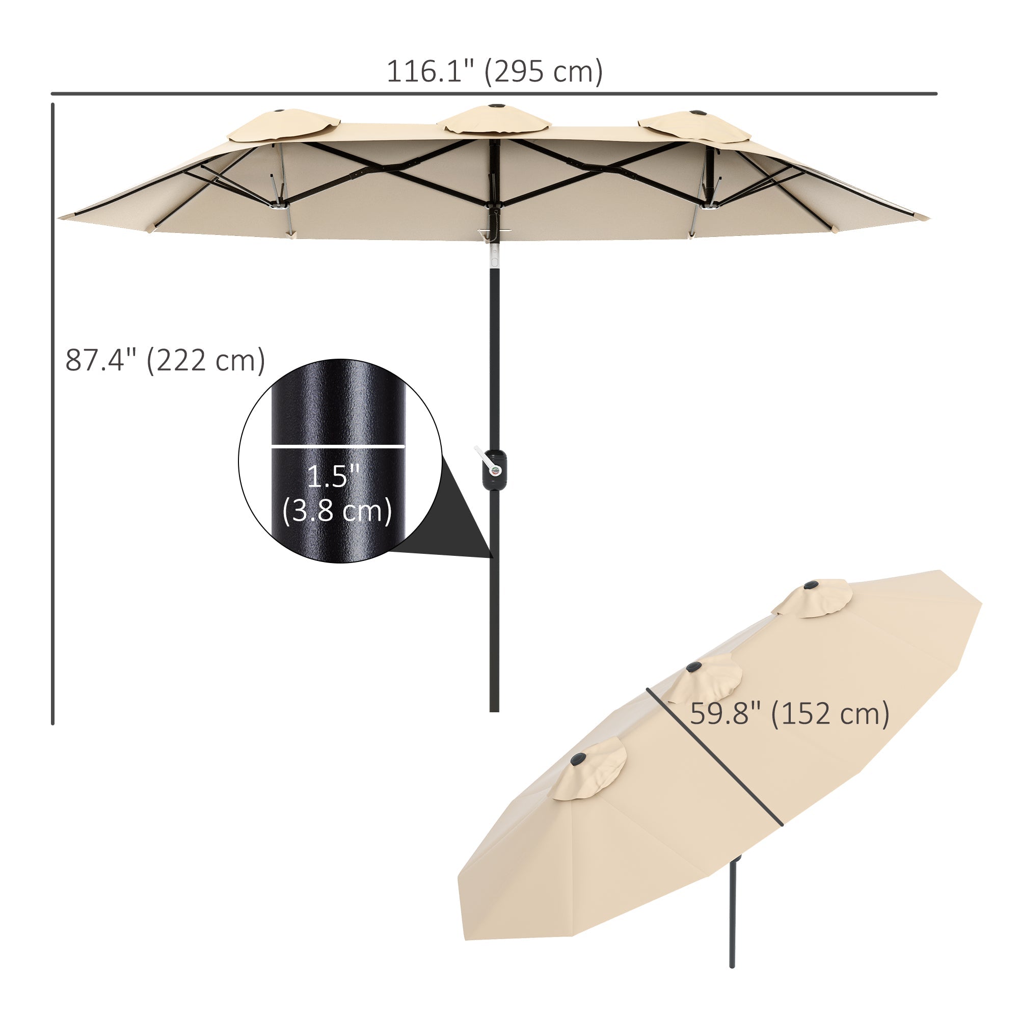 Outsunny 9.5' Double-sided Outdoor Patio Umbrella with Tilt, Crank and Vents, Brown 