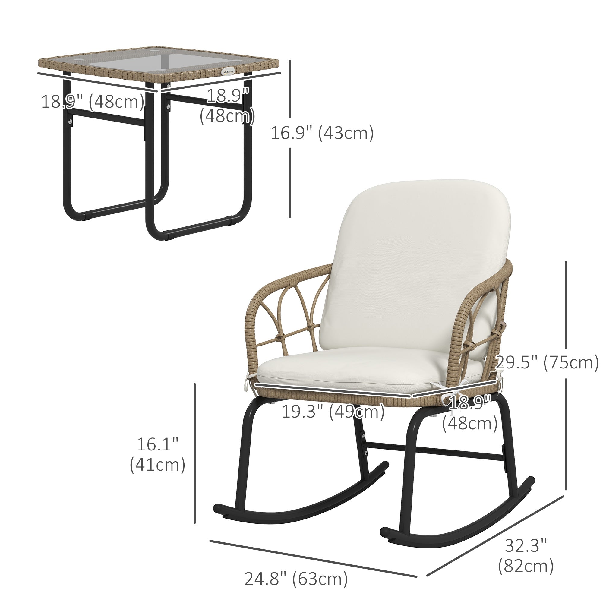 Outsunny 3 Pieces Patio Rocking Chair Patio Set with Cushions, Outdoor Round PE Rattan Wicker Hollow Design Conversation Set, Beige 