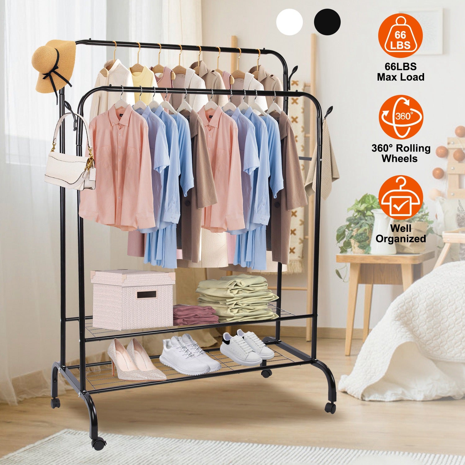 Garment Hanging Rack Clothing Hanging Rail Pillow Shoe Display Organizer Clothes Organizer Stand with 2 Rails 2 Shelves 4 Rolling Wheels 4 Hooks